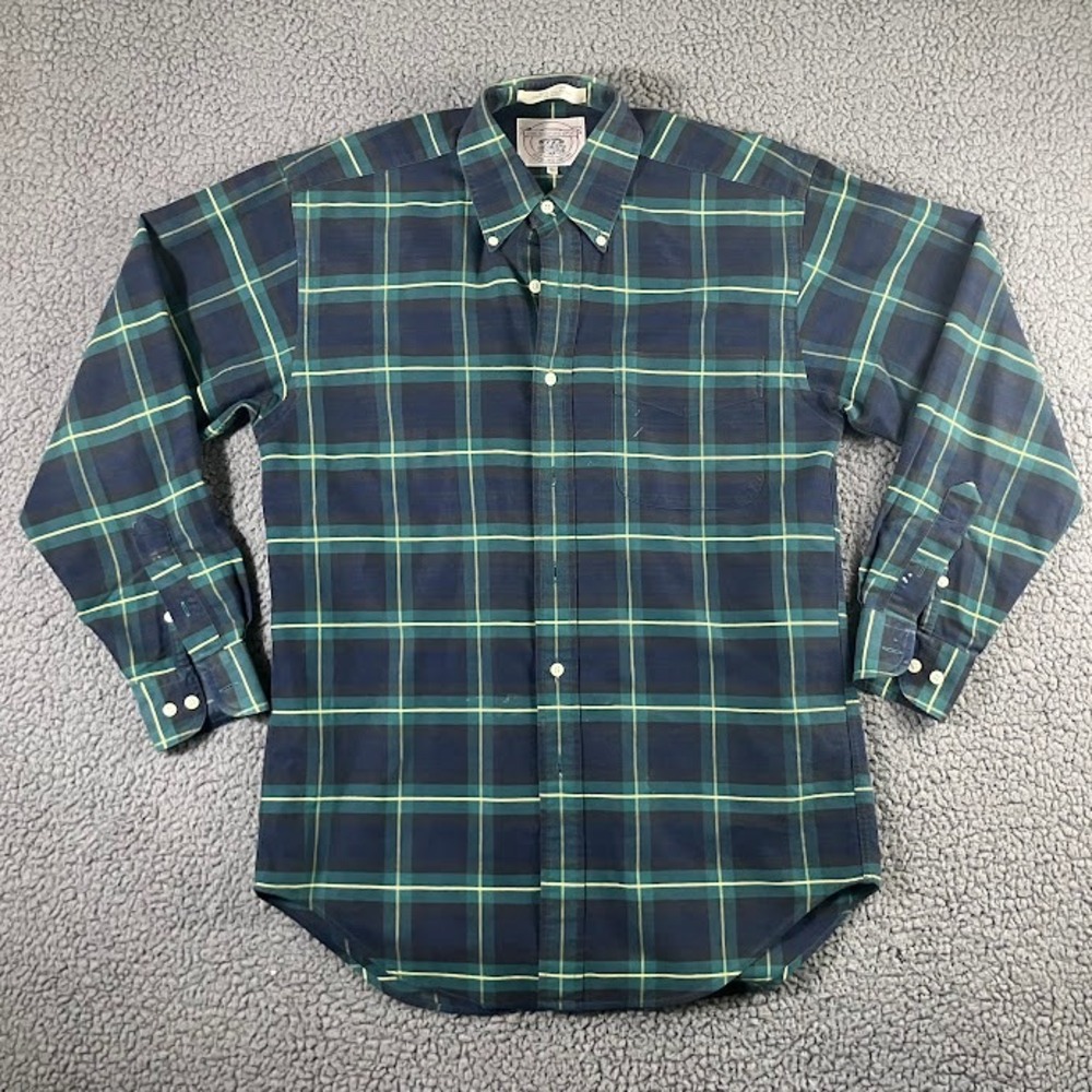John Ashford Sport Mens Small Navy Green Plaid Button Down Oxford Cotton Shirt